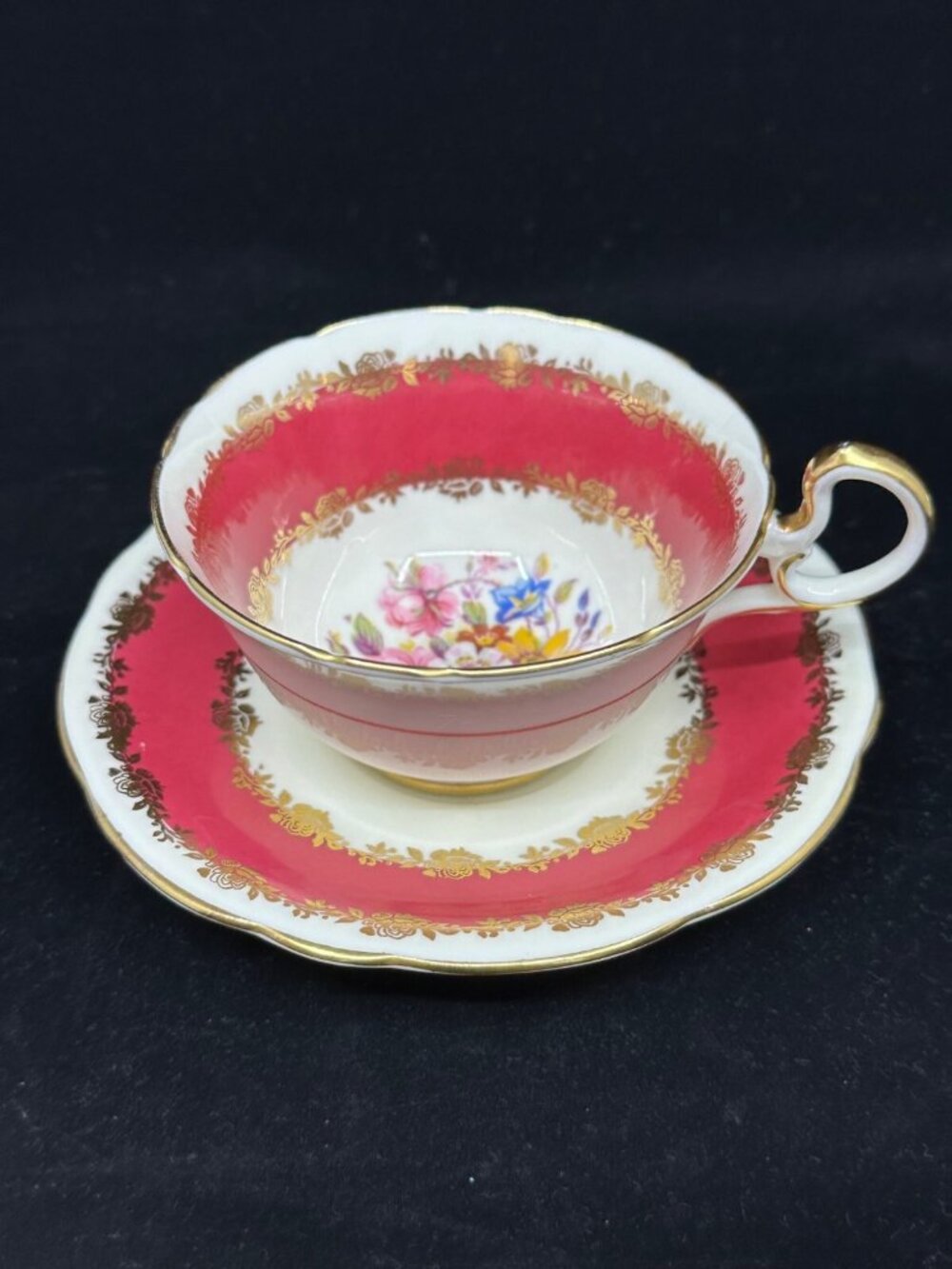 Vintage Aynsley Bone China Teacup Saucer Pink Mauve Floral Gold England